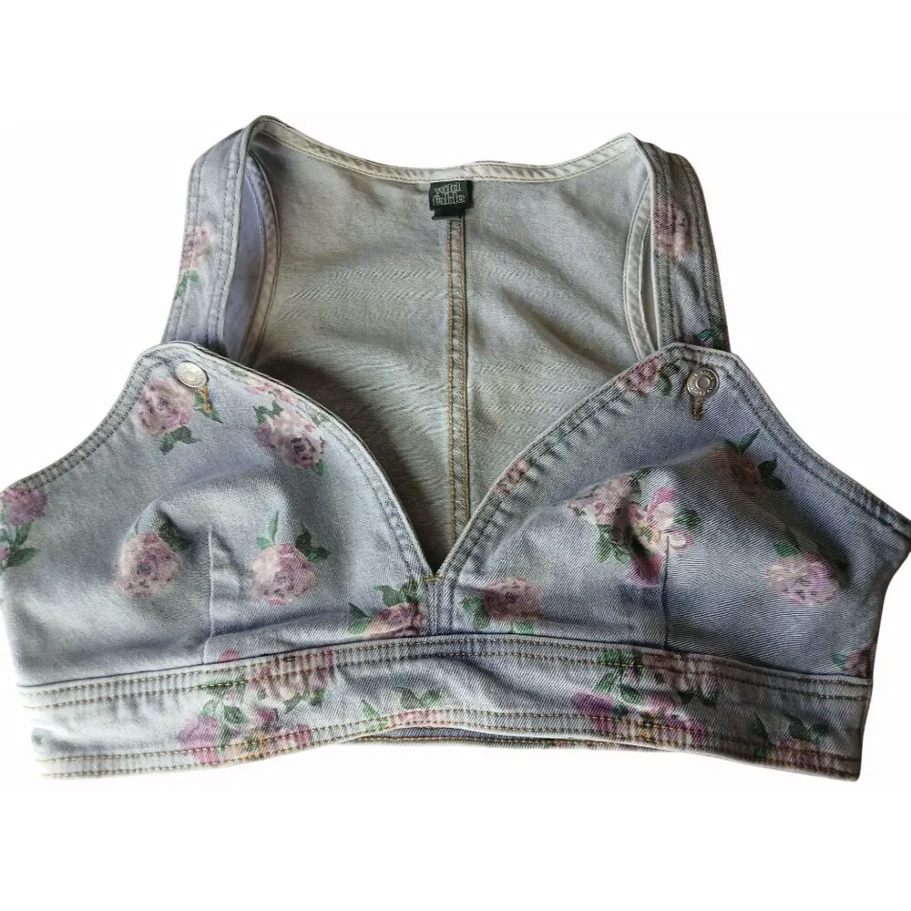 Wild Fable Light Blue Denim Floral Crop Top Size M Vest Side Zip Recycled Boho - Picture 7 of 12